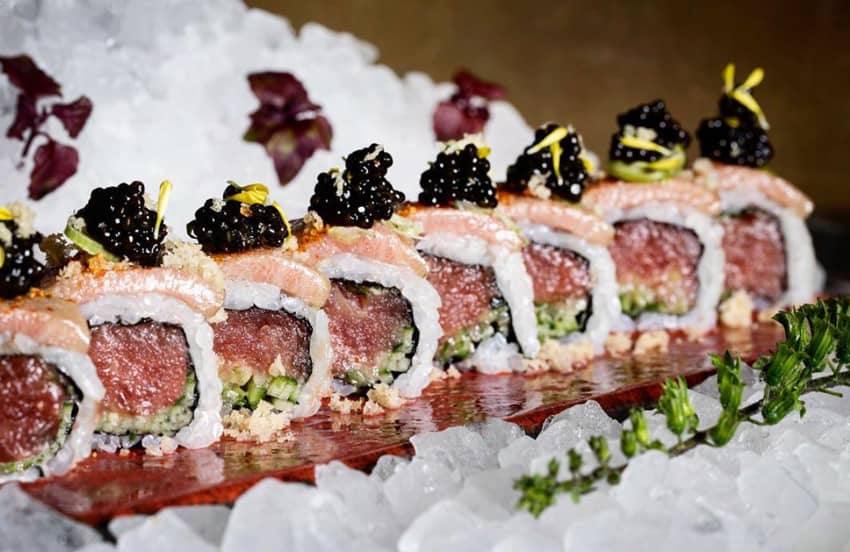 sushi tuna roll with salmon and caviar