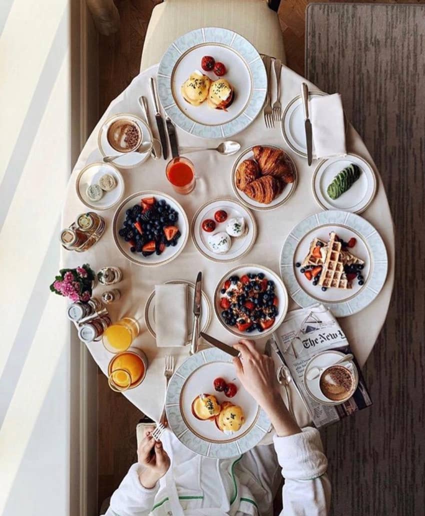 flatlay picture of full table of breakfast