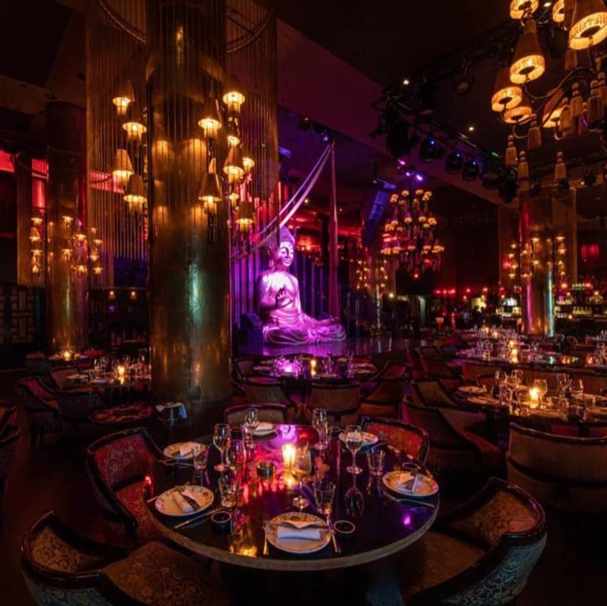 Buddha Bar Marrakech indoor table seating chandeliers