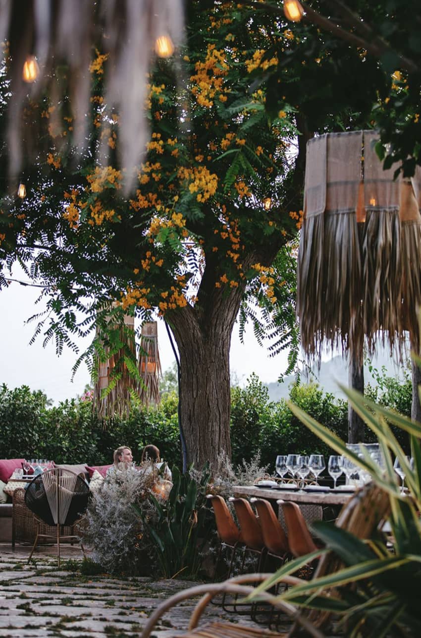 Jul’s Ibiza dining under tree fabric lampshade