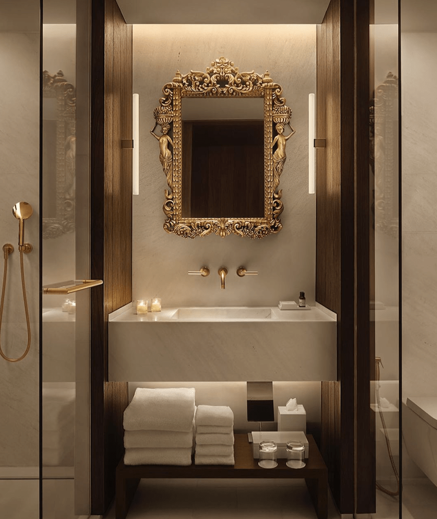 The Edition Barcelona golden mirror in badroom