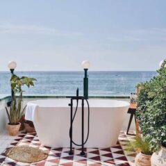 outdoor terrace freestanding bathtub