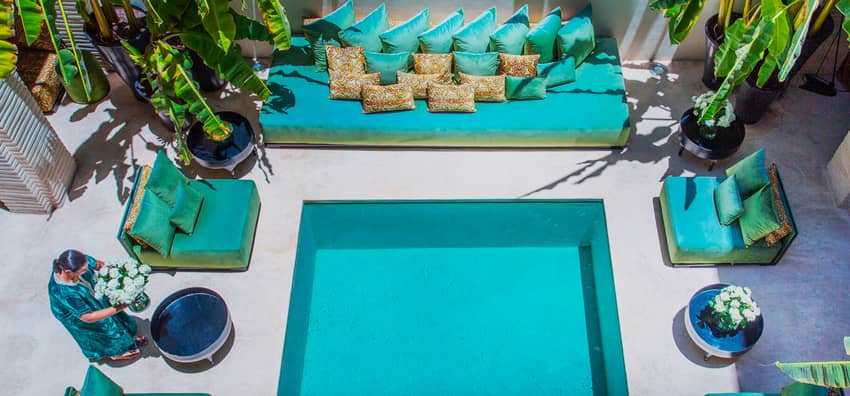 swimming pool blue couches banana plants