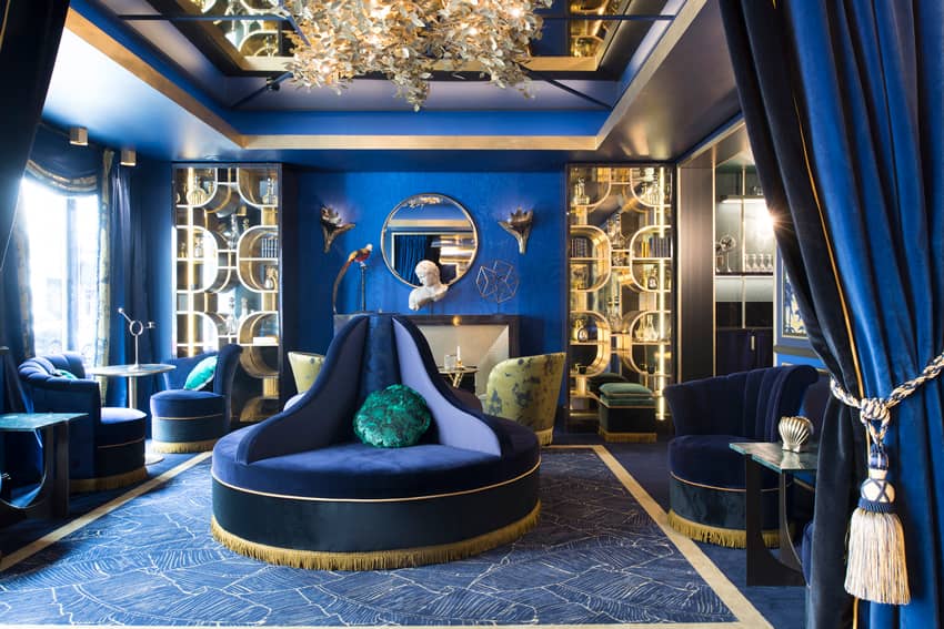 lounge area royal blue tones round sofa