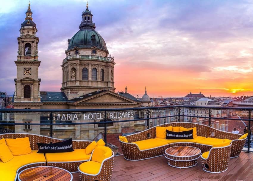 High Note Sky Bar Budapest View City Rooftop Yellow Pillows