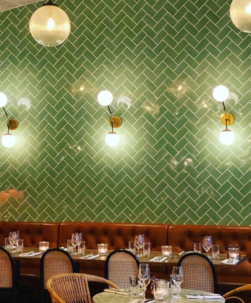 Interior Restaurant Green Lamps Tables Glasses