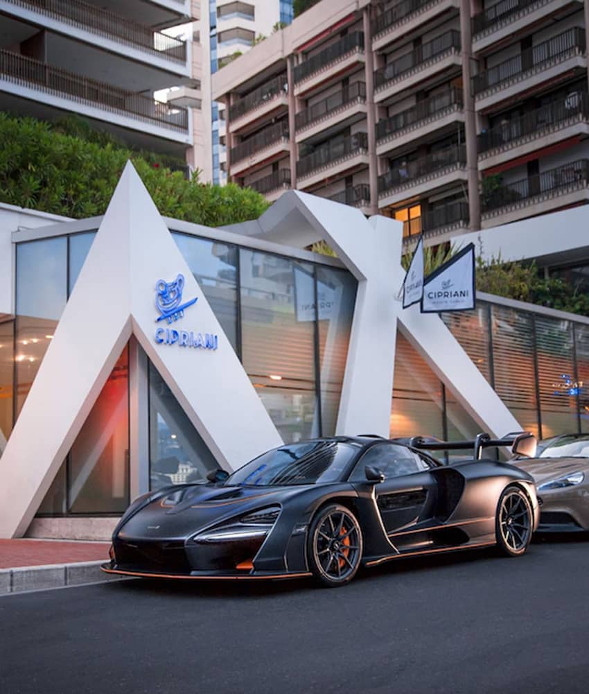 Cipriani Monaco glass facade luxury car