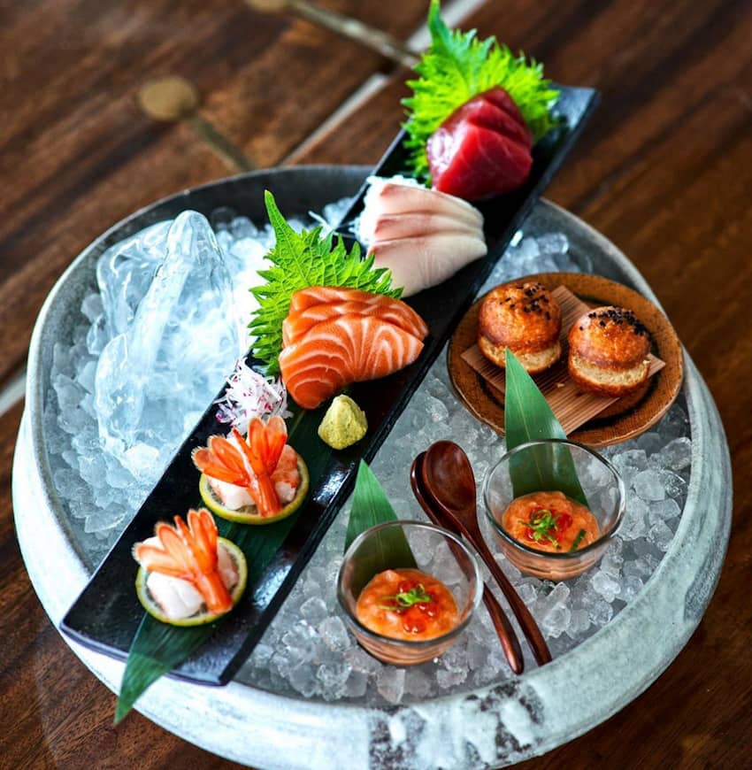 assorted seafood sashimi platter faux caviar