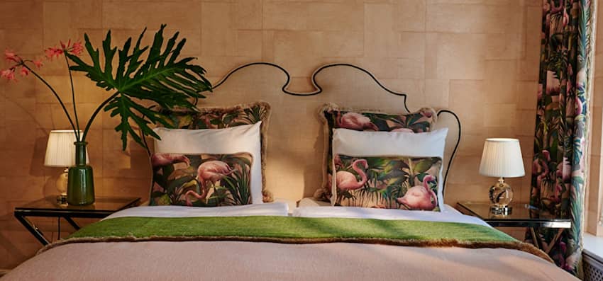canal room flamingo printed cushions curtains