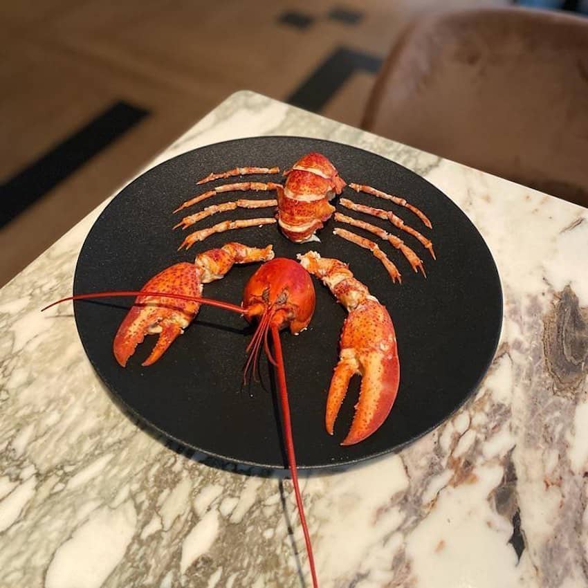 shelled whole lobster on black plate