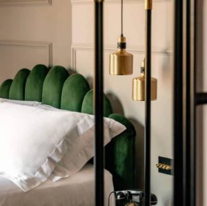 Bedroom Details Green Velvet Gold Lamps