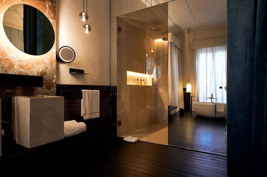 Can Bordoy elegant hotel room shower and sink