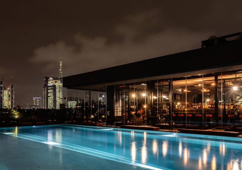 rooftop pool evening city view