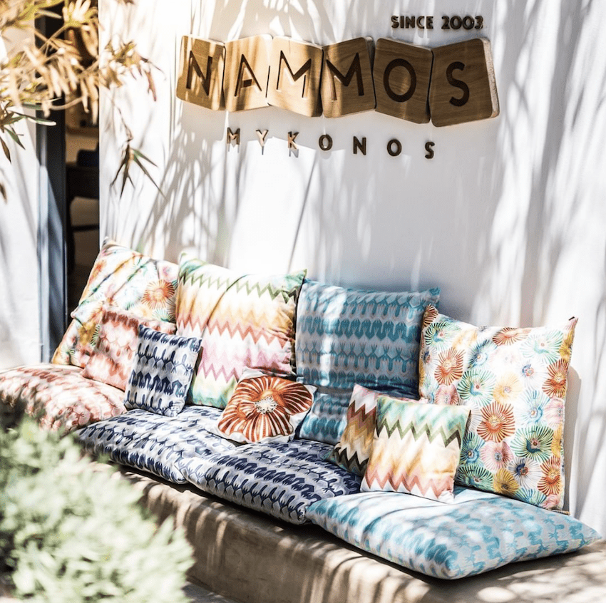 Nammos Mykonos entrance colored cushions