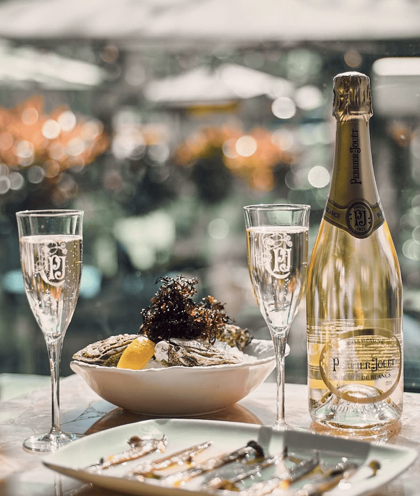 champagne glasses oysters fish